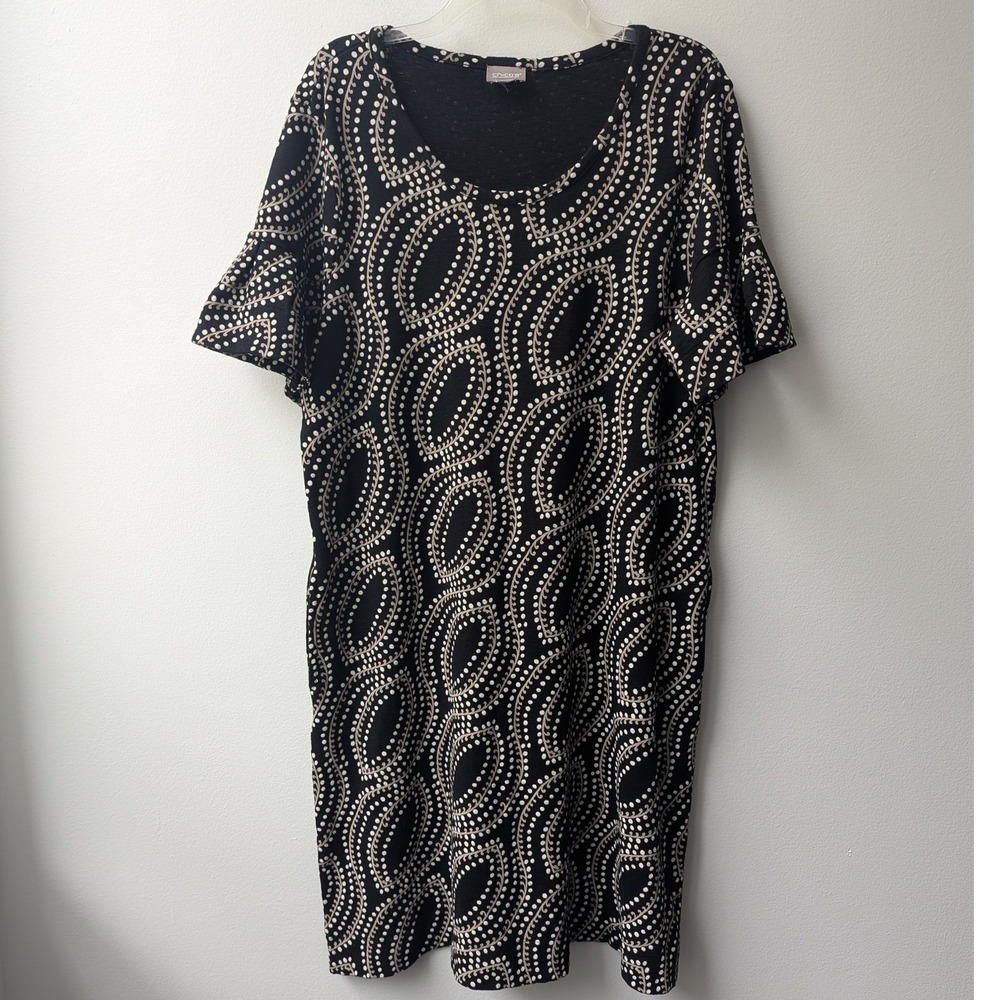 Chico's Shift Dress Black Beige Geometric Dot Print Pockets Measures Sz XL